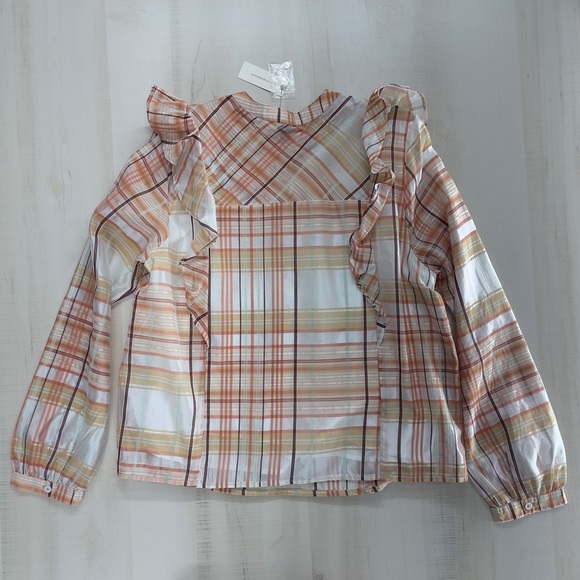 nwt ANTHROPOLOGIE current air ruffle plaid blouse top event work L - Picture 6 of 7